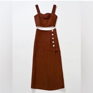 Zara || Linen Blend Two Piece Crop Midi Skirt Set Buttons Slit Brown